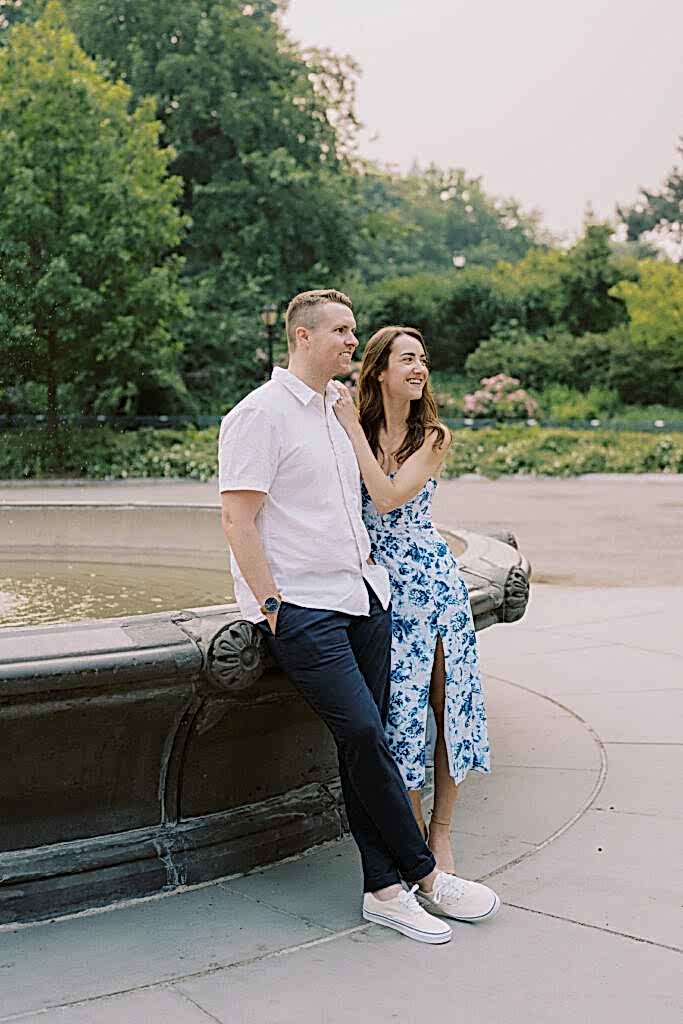 Central Park Engagement Photos in the summer at Cherry Hill Fountain