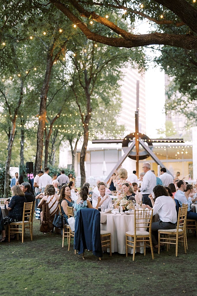 Nasher Sculpture Center Wedding Dinner under string lights on the lawn